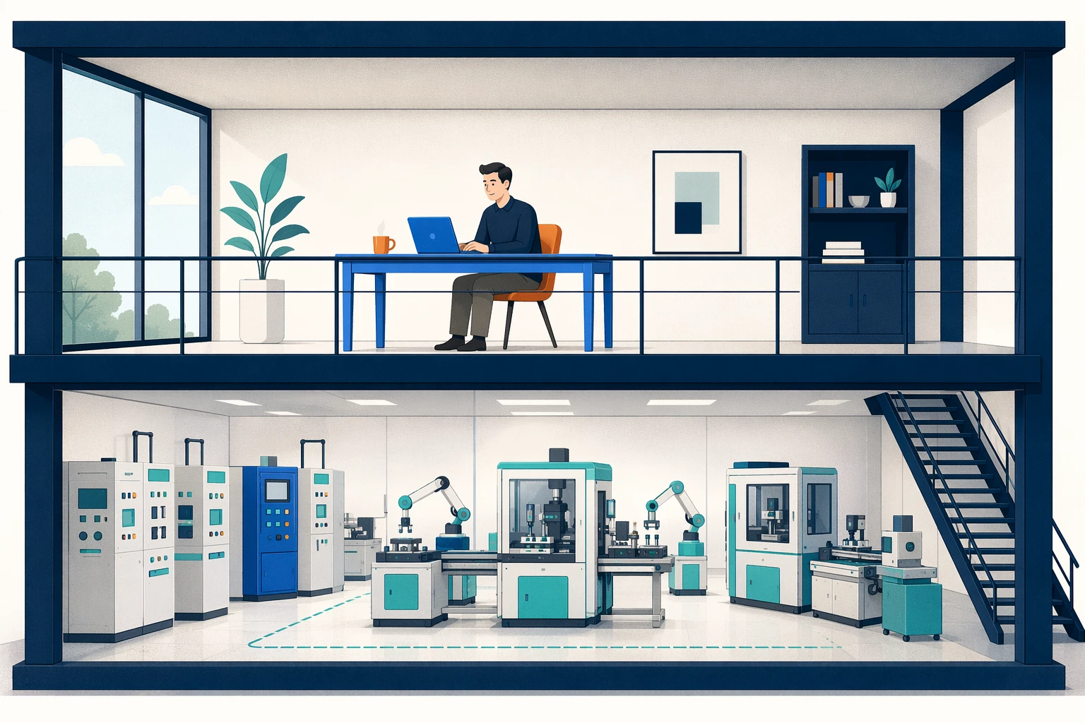 Cross-section of a two-story building: a developer works calmly at a clean desk on the upper floor with just a laptop, while an automated workshop of control panels and robotic arms runs by itself on the lower floor with no human operators — the metaphor for what AKS Automatic removes from the platform team's plate.