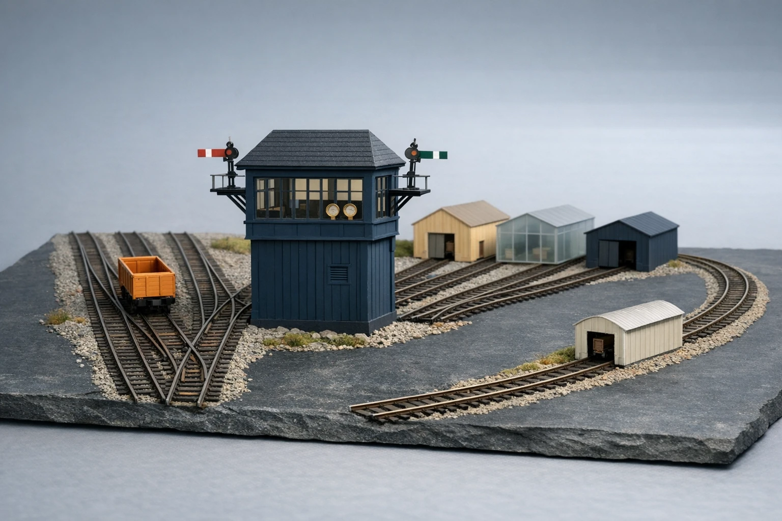 A miniature signal box routes several incoming tracks toward different depots, while one track curves past it entirely: the gateway authorises, routes, and records, and some traffic never passes through it.