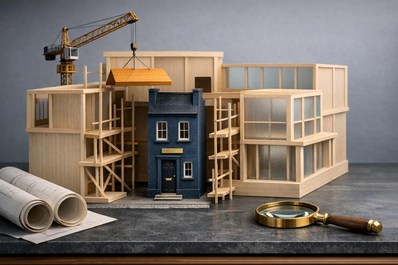 A model townhouse being expanded around its original entrance, illustrating an in-place platform upgrade.