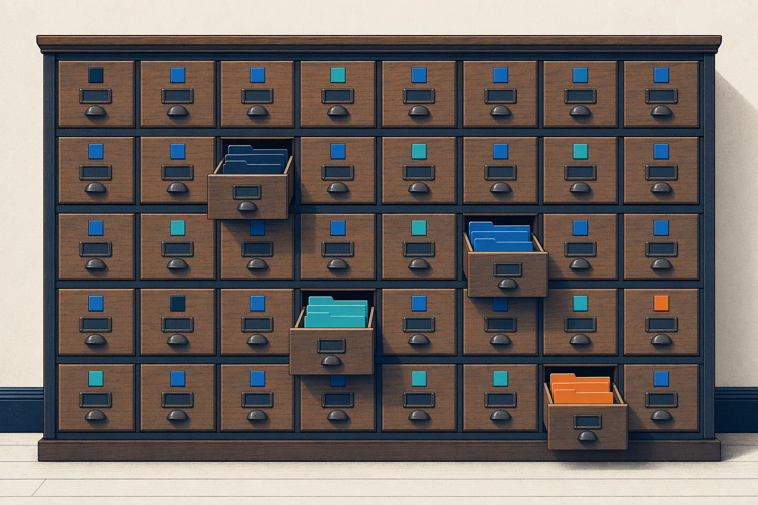 A wall of small labelled cabinet drawers in different colours, a few of them pulled slightly open: cloud sovereignty as a classification problem with workloads sorted into multiple tiers.