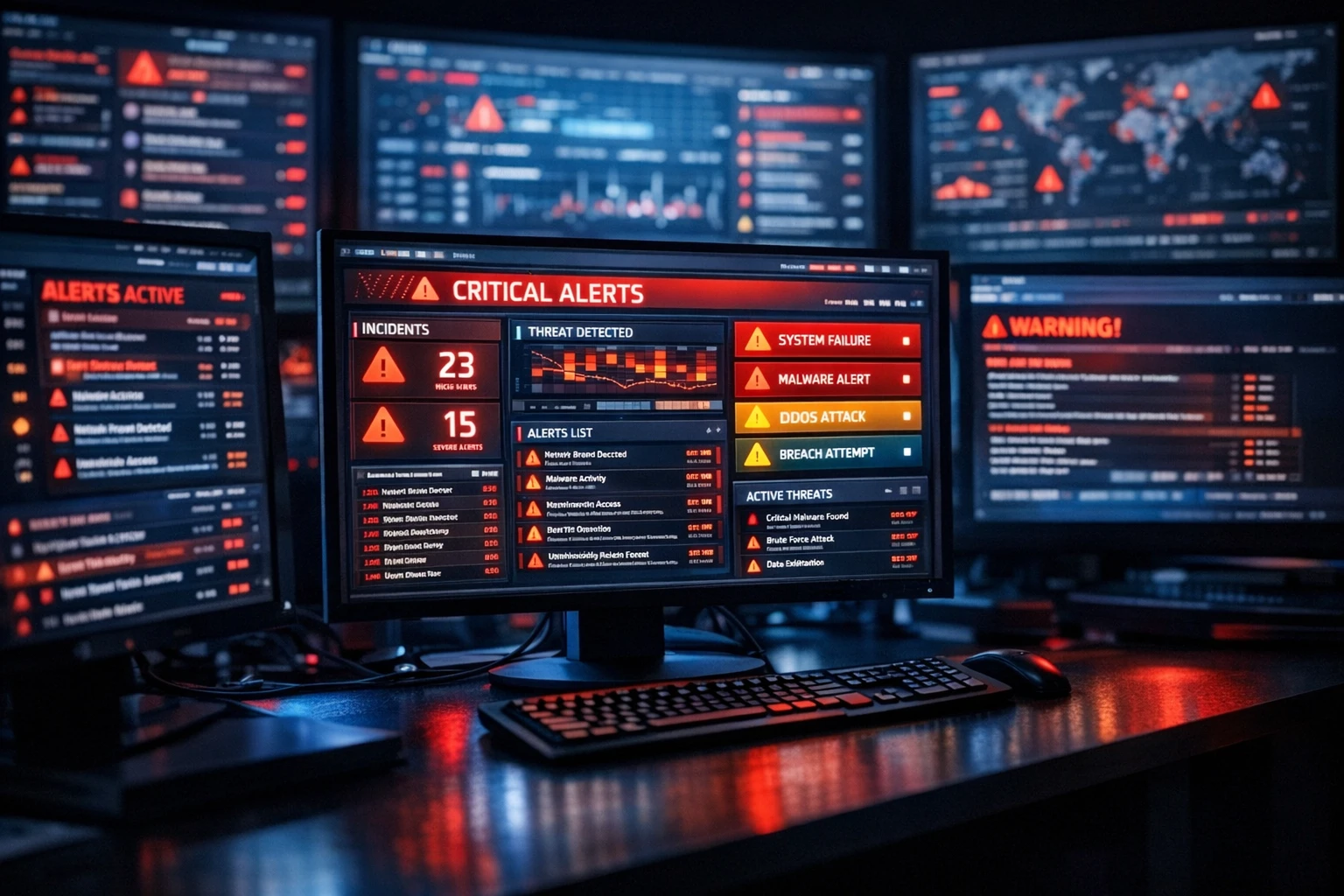 Multiple screens showing dense alert dashboards with red and amber warnings, illustrating security alert overload.
