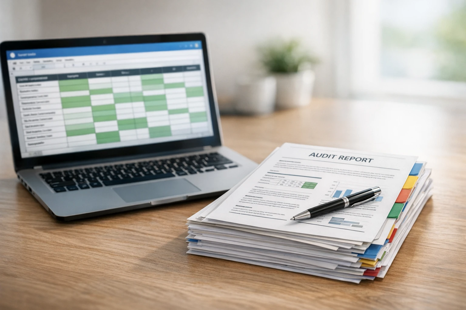 A laptop showing a compliance matrix next to a neatly stacked audit report with colored tabs.