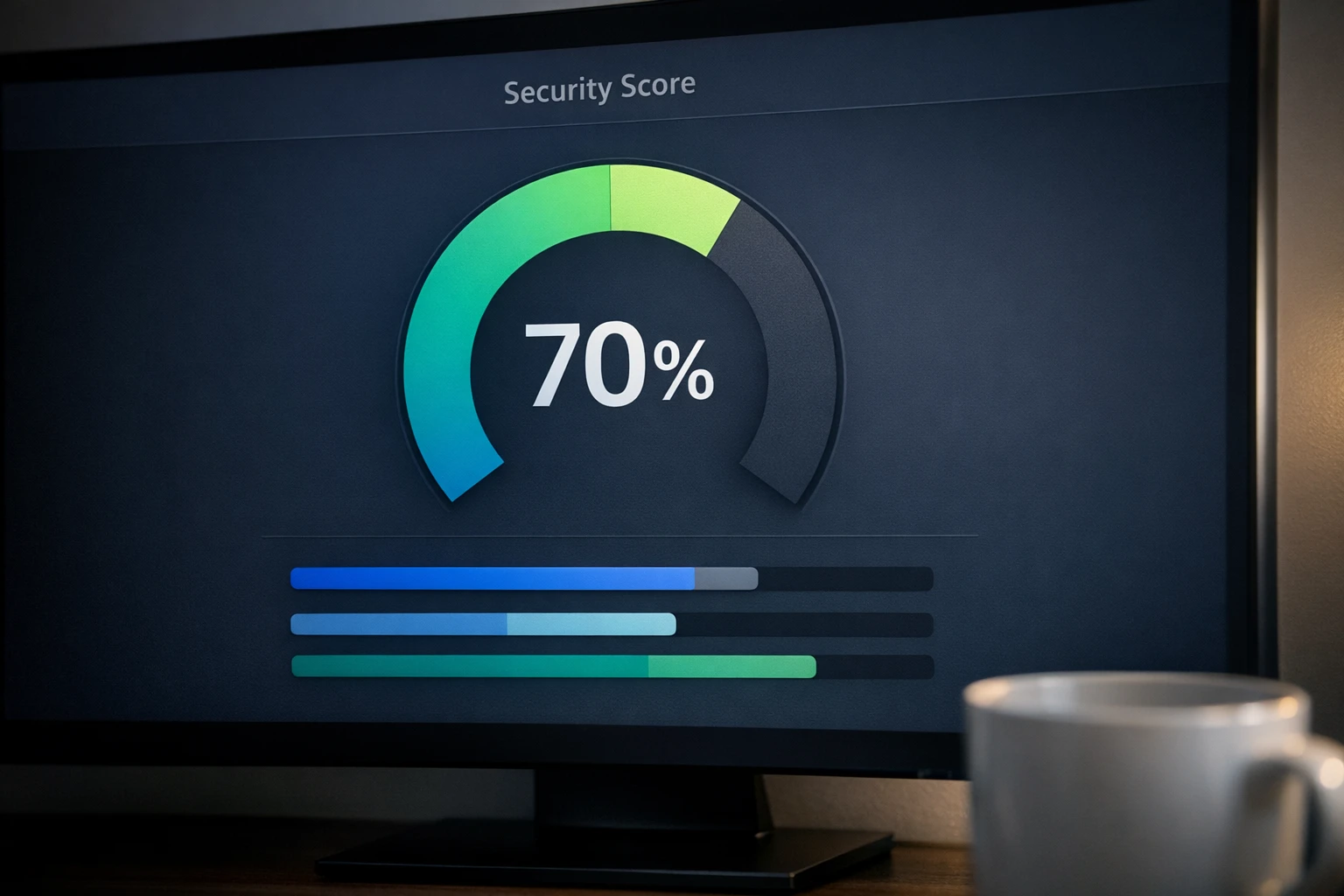 A clean monitor showing a security score gauge at 70 percent with blue and teal progress bars below.