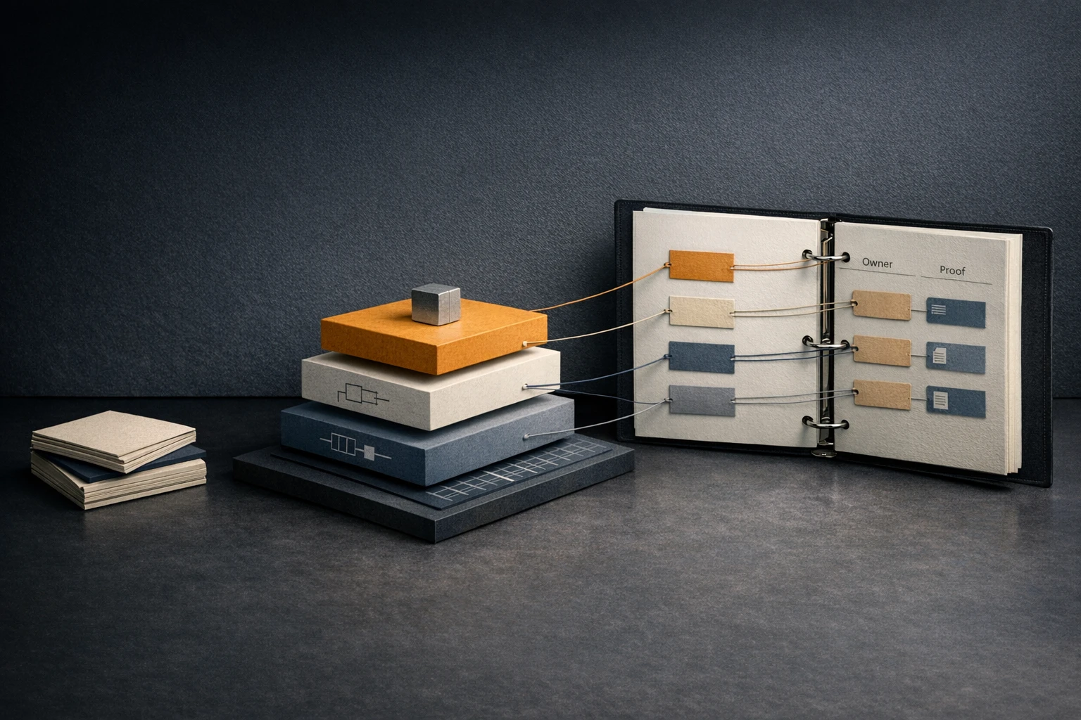 An architectural platform model on a desk: business-risk and decision cards on the left, a layered platform of network, identity, logging and control blocks in the centre, and a binder on the right whose threads tie each control back to an owner and a proof.